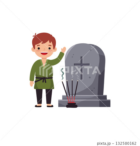 Boy waving hand near gravestone with cross and burning incense sticks vector illustration 132580162