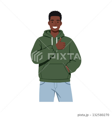 Young man wearing green hoodie giving thumbs up gesture smiling friendly casual style vector illustration 132580270