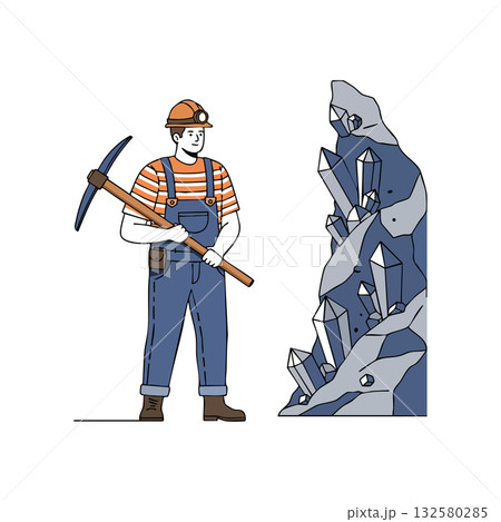 Miner holding pickaxe standing near large crystal rock formation vector art design Miner holding pickaxe standing near large crystal rock formation vector art design 132580285
