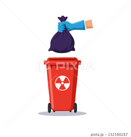 Radioactive waste disposal with gloved hand holding toxic trash bag above red bin vector illustration 132580287