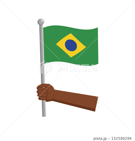 Hand holding Brazilian flag waving green yellow and blue colors patriotism symbol vector illustration 132580294
