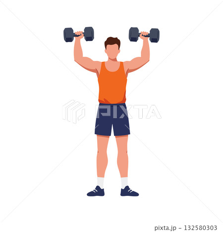 Man lifting dumbbells in orange tank top and navy shorts fitness workout exercise vector illustration Man lifting dumbbells in orange tank top and navy shorts fitness workout exercise vector illustration 132580303