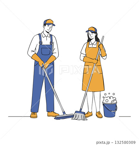 Cleaning workers wearing protective gloves and aprons with mop and broom performing janitorial tasks vector illustration 132580309