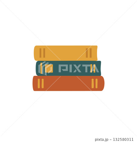 Stack of three colorful books in mustard, teal, and rust tones simple vector design educational reading concept 132580311