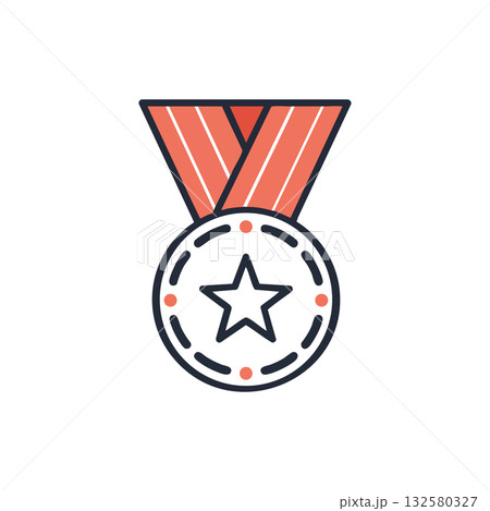 Medal with star symbol and orange ribbon vector icon for achievement and award concept design graphic Medal with star symbol and orange ribbon vector icon for achievement and award concept design graphic 132580327