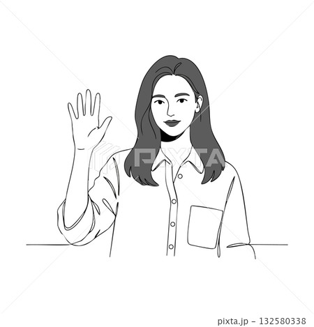 Woman waving hand greeting gesture black and white line art portrait vector illustration 132580338