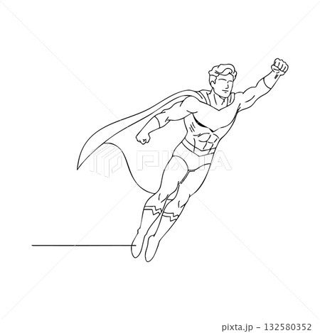 Superhero flying with cape and fist forward in dynamic action pose vector illustration 132580352