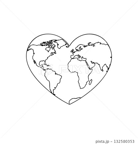 Heart shaped world map outline showing continents with clean simple black lines for global love and unity design vector illustration Heart shaped world map outline showing continents with clean simple black lines for global love and unity design vector illustration 132580353
