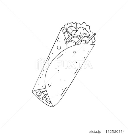 Burrito wrap with fresh vegetables and sauce line art vector illustration for food menu and design 132580354