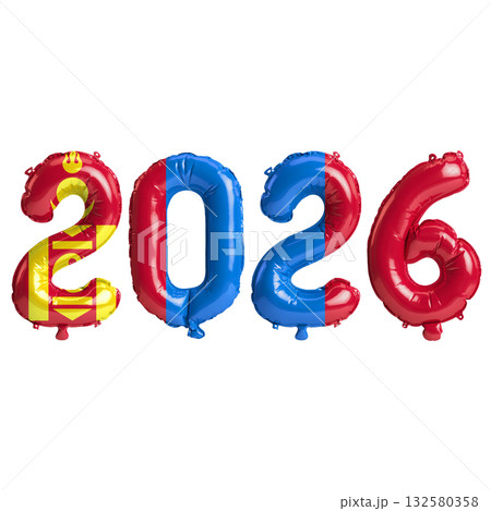 Mongolia flag colors 2026 3d illustration, balloon numbers 3d rendering on .. 132580358