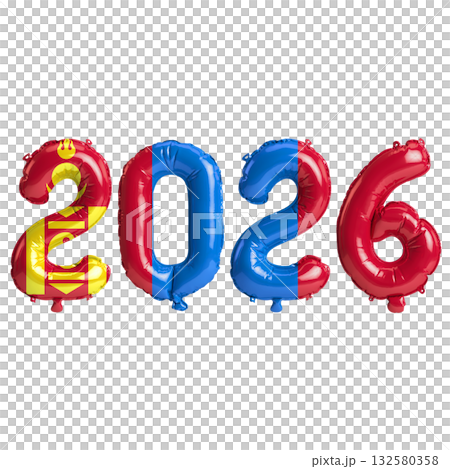 Mongolia flag colors 2026 3d illustration, balloon numbers 3d rendering on .. 132580358