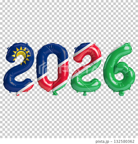 Namibia flag colors 2026 3d illustration, balloon numbers 3d rendering on t.. 132580362