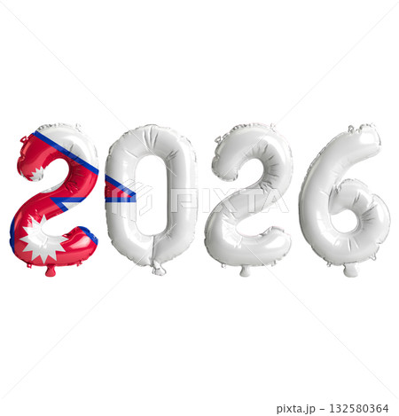 Nepal flag colors 2026 3d illustration, balloon numbers 3d rendering on tra.. 132580364