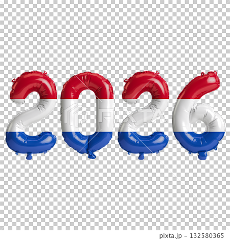 Netherlands flag colors 2026 3d illustration, balloon numbers 3d rendering .. Netherlands flag colors 2026 3d illustration, balloon numbers 3d rendering .. 132580365