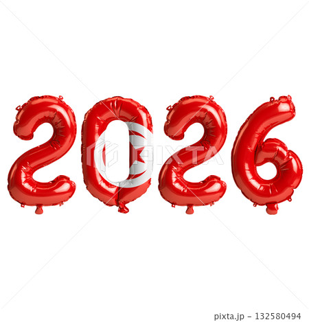 Tunisia flag colors 2026 3d illustration, balloon numbers 3d rendering on t.. Tunisia flag colors 2026 3d illustration, balloon numbers 3d rendering on t.. 132580494