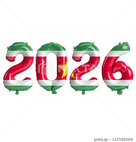 Suriname flag colors 2026 3d illustration, balloon numbers 3d rendering on .. 132580569