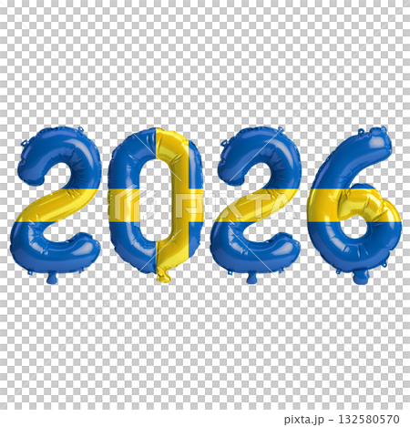 Sweden flag colors 2026 3d illustration, balloon numbers 3d rendering on tr.. 132580570