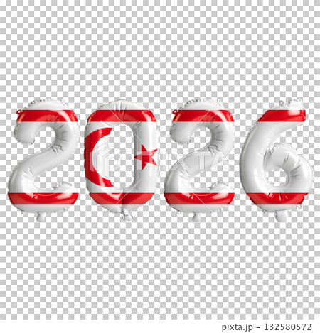 Turkish Republic flag colors 2026 3d illustration, balloon numbers 3d rende.. Turkish Republic flag colors 2026 3d illustration, balloon numbers 3d rende.. 132580572