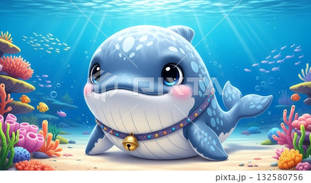 Playful cartoon whale with bell collar in ocean Playful cartoon whale with bell collar in ocean 132580756