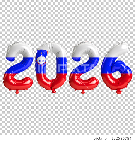 Slovenia flag colors 2026 3d illustration, balloon numbers 3d rendering on .. Slovenia flag colors 2026 3d illustration, balloon numbers 3d rendering on .. 132580784