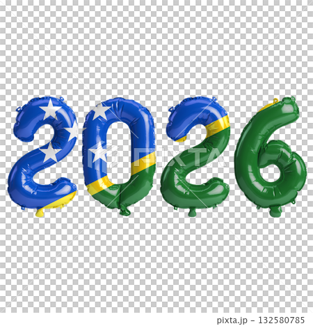 Solomon Islands flag colors 2026 3d illustration, balloon numbers 3d render.. 132580785