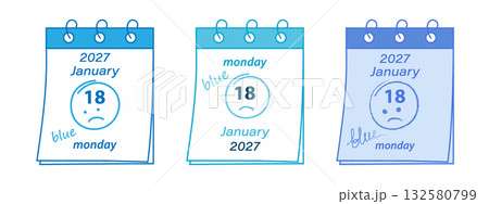 Hand Drawn Text Blue on Calendar Pages with Blue Monday Date in 2027 and Sad smiley face. January 18 132580799