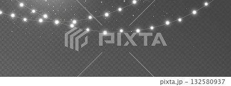 Christmas silver light background. Fairy bulb, banner. New Year luxury string garland. Winter party frame. Led neon line baubles. Festive border. Glow lamp bg. Glitter bright. Vector illustration 132580937