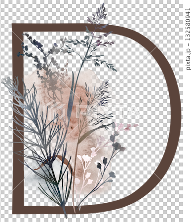 Capital letter D with watercolor autumn leaves and grass in earth tones, winter wedding illustration 132580941