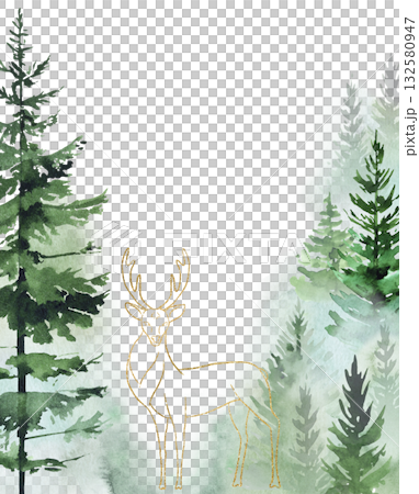 Watercolor green spruce or pine tree misty forest with golden deer, winter isolated illustration 132580947