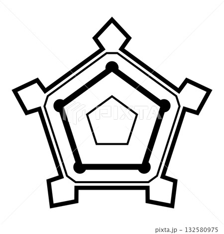 Pentagon shaped star fort. Basic pattern of a pentagonal bastion fort, with triangular fortifications. Can be found at Fort Belgica, from Dutch colonial era, in Banda Neira, Banda Islands, Indonesia. 132580975