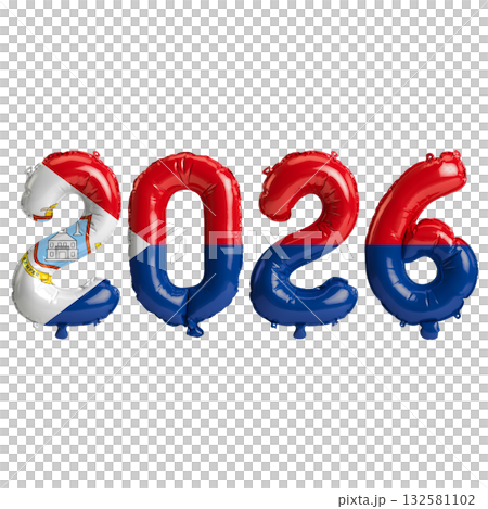 Sint Maarten flag colors 2026 3d illustration, balloon numbers 3d rendering.. 132581102