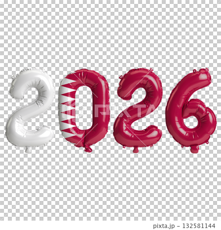 Qatar flag colors 2026 3d illustration, balloon numbers 3d rendering on tra.. 132581144