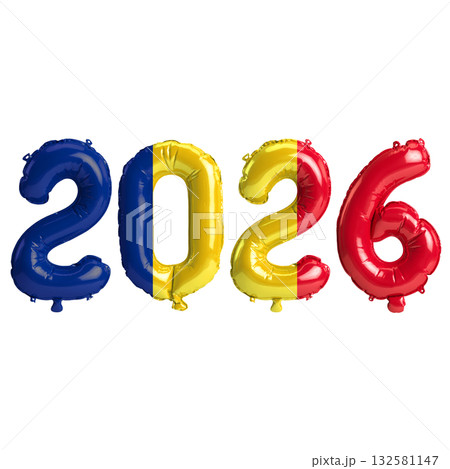 Romania flag colors 2026 3d illustration, balloon numbers 3d rendering on t.. 132581147
