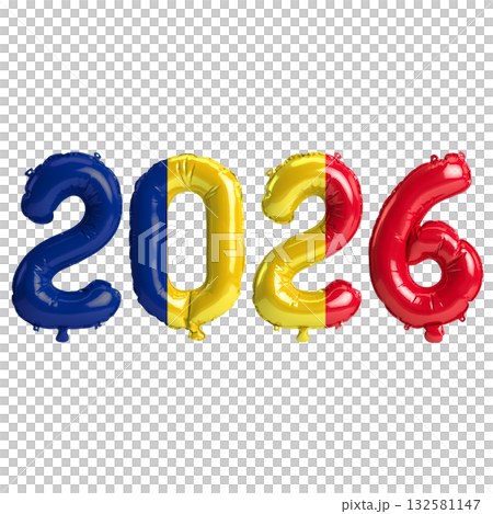 Romania flag colors 2026 3d illustration, balloon numbers 3d rendering on t.. 132581147
