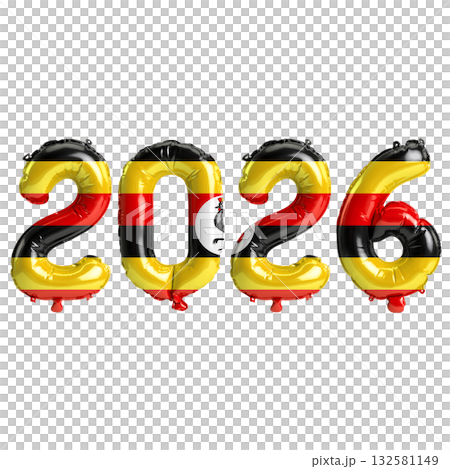 Uganda flag colors 2026 3d illustration, balloon numbers 3d rendering on tr.. Uganda flag colors 2026 3d illustration, balloon numbers 3d rendering on tr.. 132581149