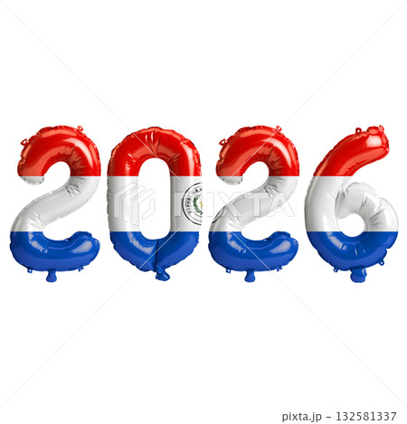 Paraguay flag colors 2026 3d illustration, balloon numbers 3d rendering on .. 132581337