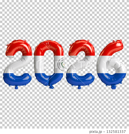 Paraguay flag colors 2026 3d illustration, balloon numbers 3d rendering on .. 132581337