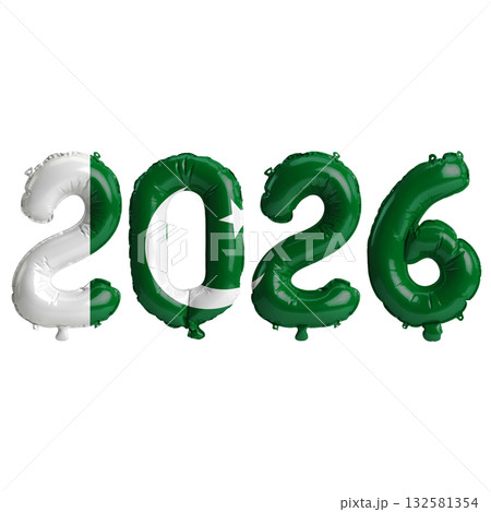 Pakistan flag colors 2026 3d illustration, balloon numbers 3d rendering on .. Pakistan flag colors 2026 3d illustration, balloon numbers 3d rendering on .. 132581354