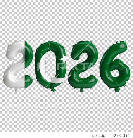 Pakistan flag colors 2026 3d illustration, balloon numbers 3d rendering on .. Pakistan flag colors 2026 3d illustration, balloon numbers 3d rendering on .. 132581354