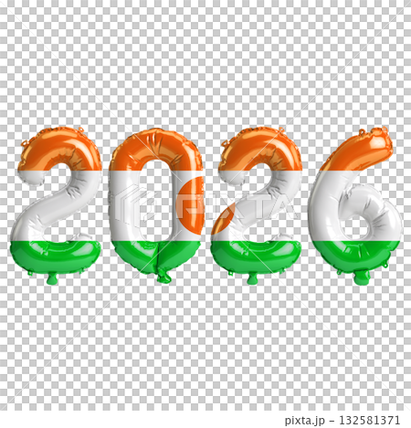 Niger flag colors 2026 3d illustration, balloon numbers 3d rendering on tra.. 132581371