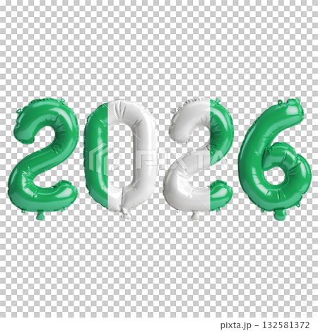 Nigeria flag colors 2026 3d illustration, balloon numbers 3d rendering on t.. 132581372