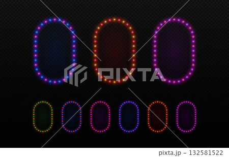 Rectangle frame with neon light bulbs. Glow led lamps rounded border for advertising games, casino and cinema. 132581522