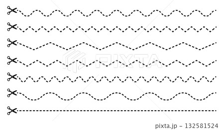 Cut line with scissors icon. Dash line for coupon, flyer, and paper. Border on packaging open here. 132581524