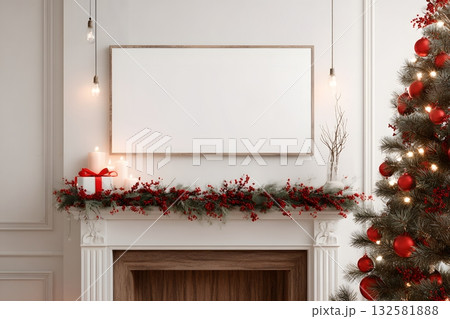 Christmas mantelpiece decoration with a tree and gifts displays holiday cheer. Christmas mantelpiece decoration with a tree and gifts displays holiday cheer. 132581888