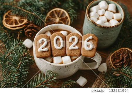 Christmas cookies celebrate the year two thousand twenty six with warm drinks. 132581994