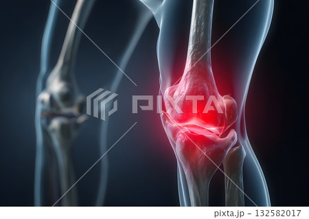 Bones show knee pain with redness highlighting discomfort. Bones show knee pain with redness highlighting discomfort. 132582017