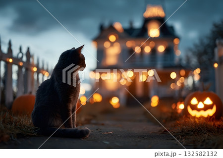 Black cat watches Halloween pumpkins near spooky house lights. Black cat watches Halloween pumpkins near spooky house lights. 132582132