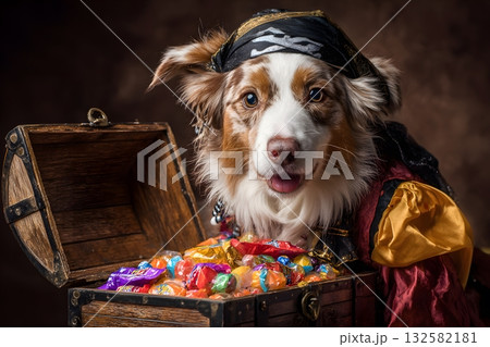 A happy dog wears a pirate costume and guards a chest full of Halloween candy. A happy dog wears a pirate costume and guards a chest full of Halloween candy. 132582181