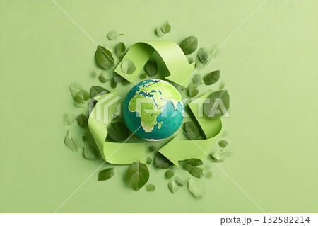 Earth embraced by green recycle symbol with leaves flowing around. Earth embraced by green recycle symbol with leaves flowing around. 132582214