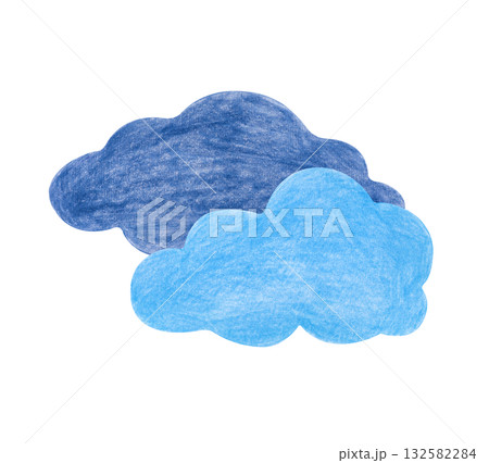 Two clouds, blue and dark blue, are hand-drawn. The pencil drawing is isolated on a white background. Clipart. 132582284